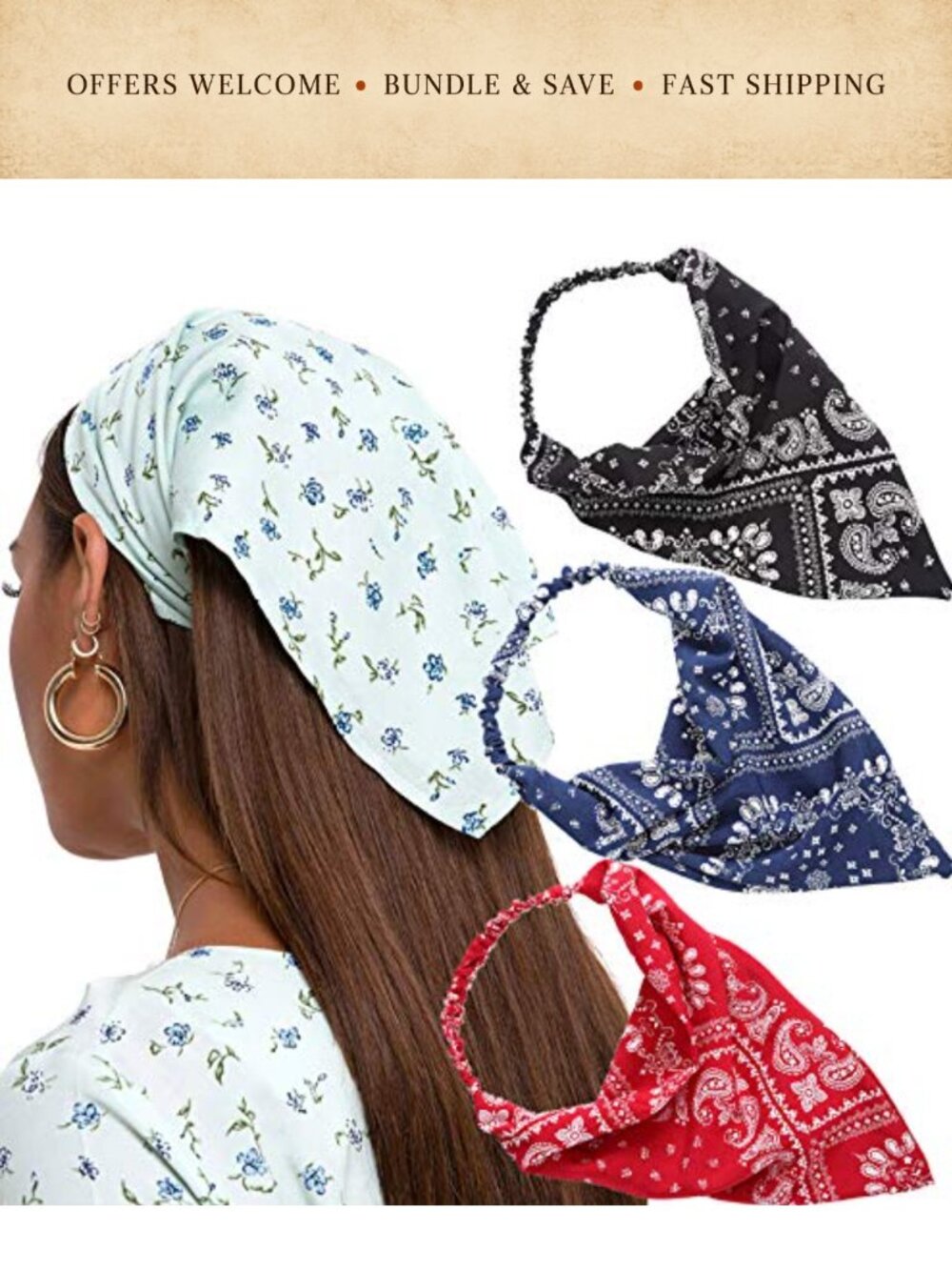 Chiffon Floral Head Scarf Set Pre-Tied Hair Kerchief with Clips